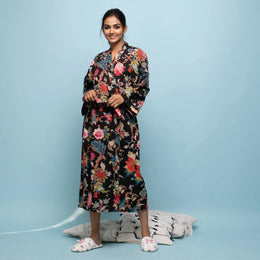 Black Cotton Hand printed kimono robe - SanskrutiHomes 
