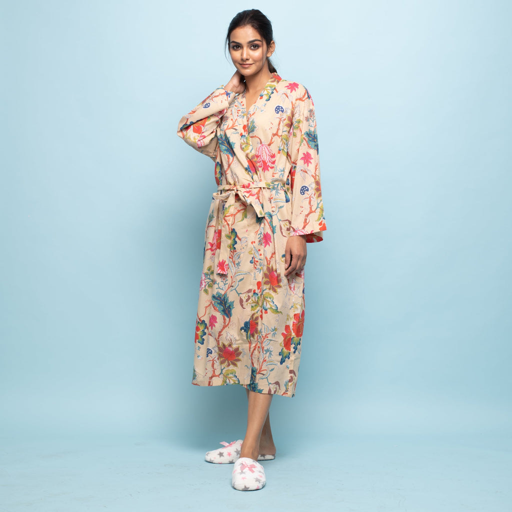 BEIGE Cotton Hand printed kimono robe - SanskrutiHomes 