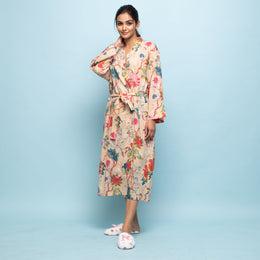 BEIGE Cotton Hand printed kimono robe - SanskrutiHomes 