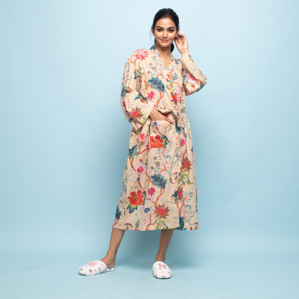 BEIGE Cotton Hand Printed Kimono Robe