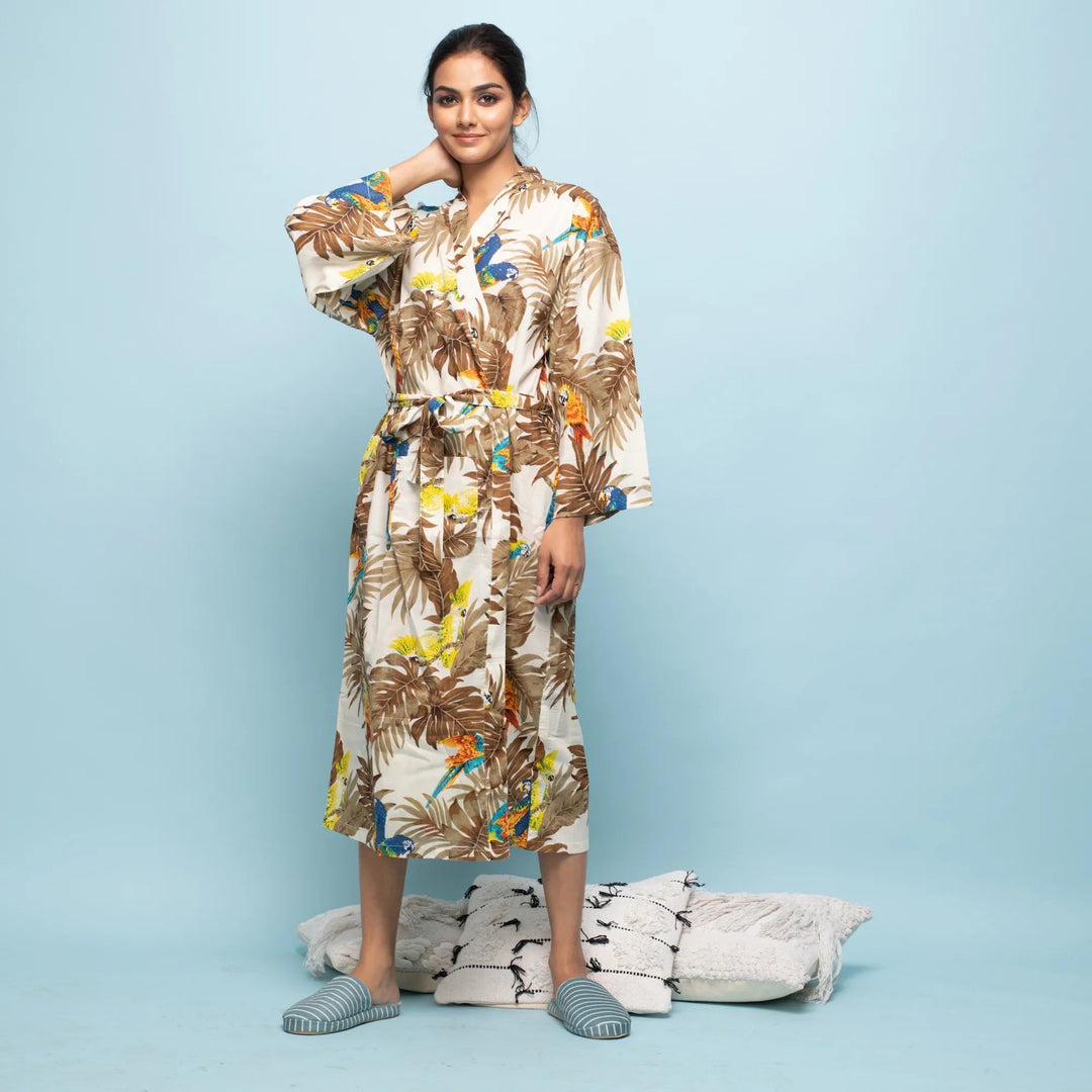 Multicolor Mustard Cotton Hand printed kimono robe - SanskrutiHomes 