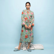 Light Green Cotton Hand printed kimono robe - SanskrutiHomes 
