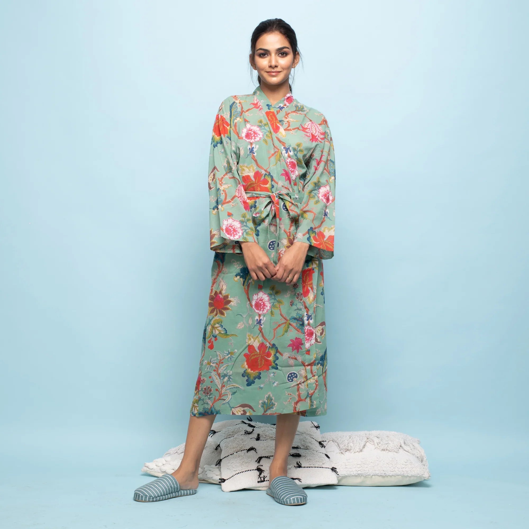 Light Green Cotton Hand printed kimono robe - SanskrutiHomes 