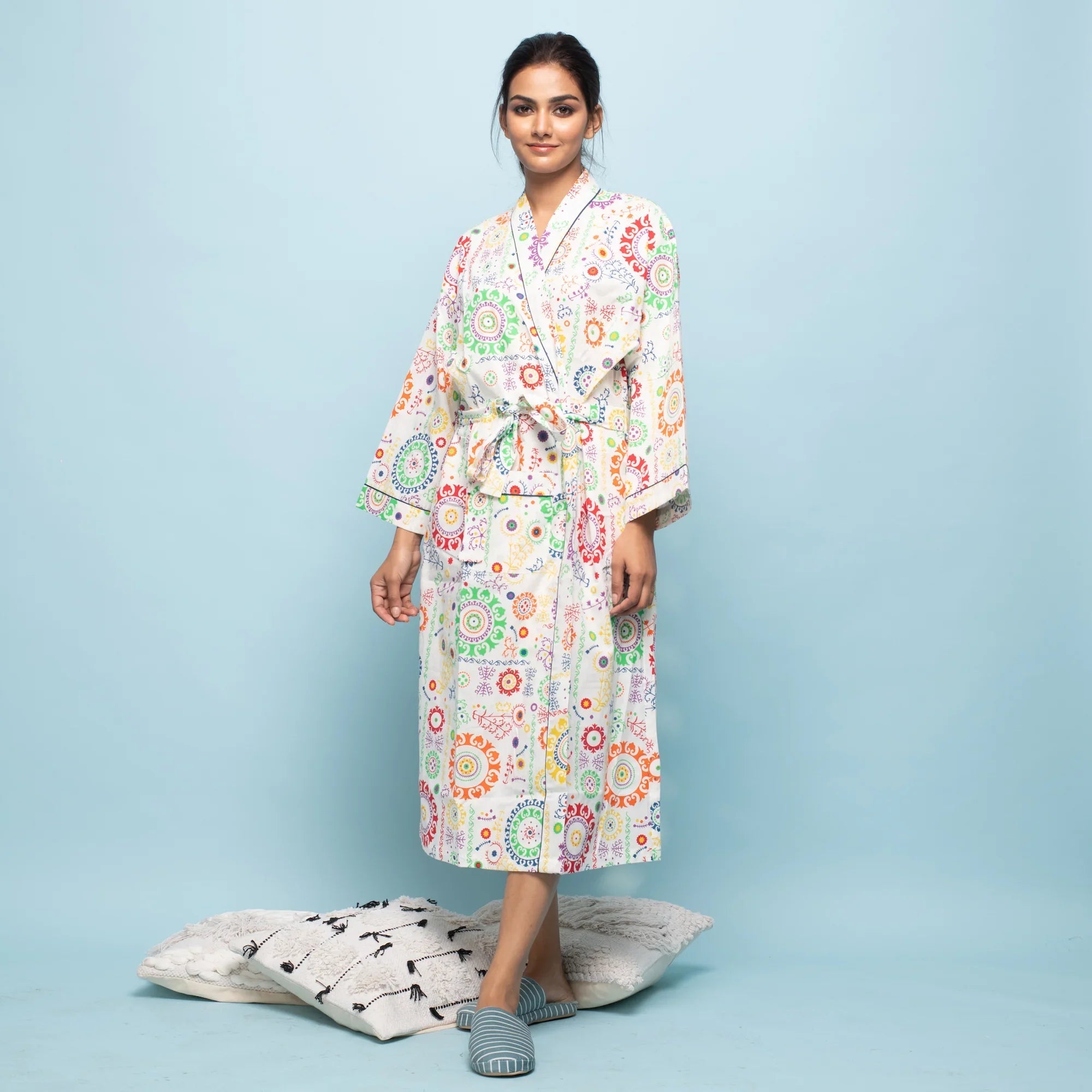 White Multicolor Cotton Hand printed kimono robe - SanskrutiHomes 