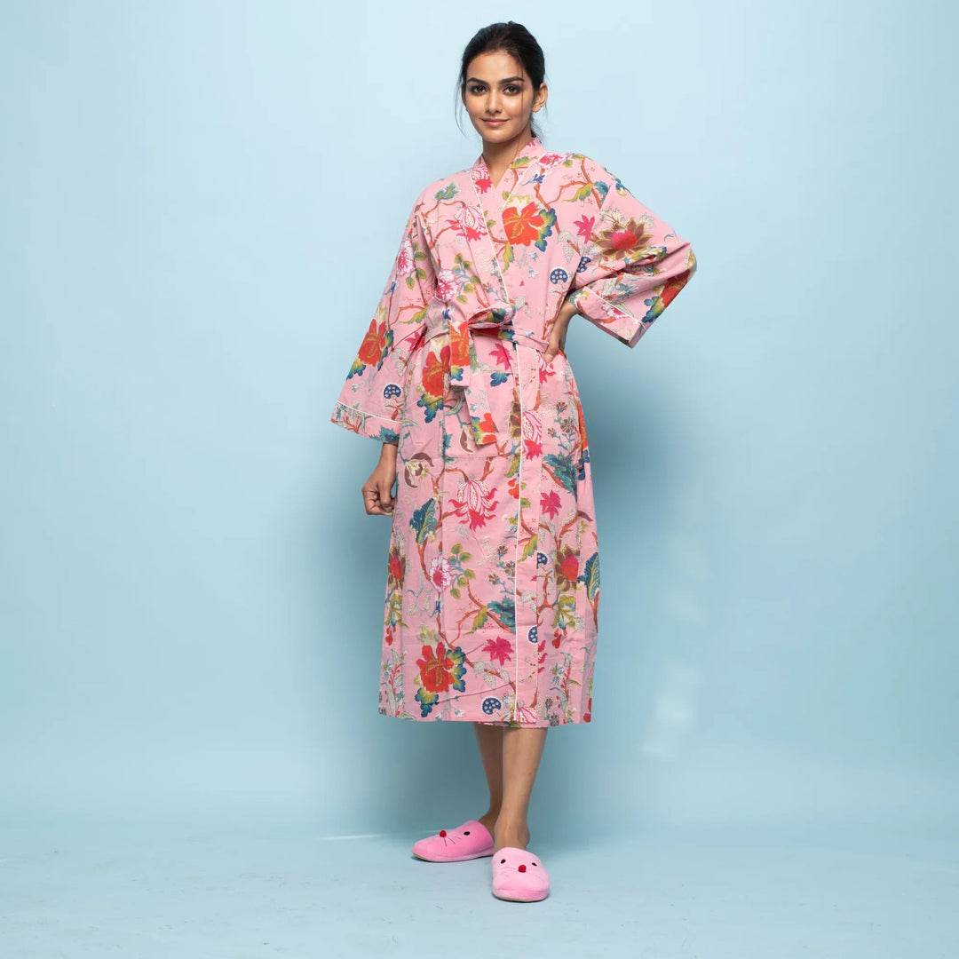 Pink Cotton Hand printed kimono robe - SanskrutiHomes 
