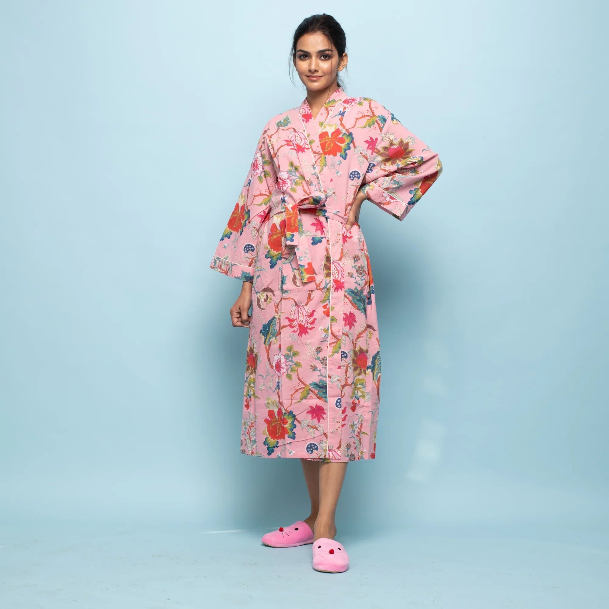Pink Cotton Hand printed kimono robe - SanskrutiHomes 