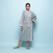 Grey Cotton Hand printed kimono robe - SanskrutiHomes 