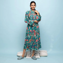 Green Cotton Hand printed kimono robe - SanskrutiHomes 