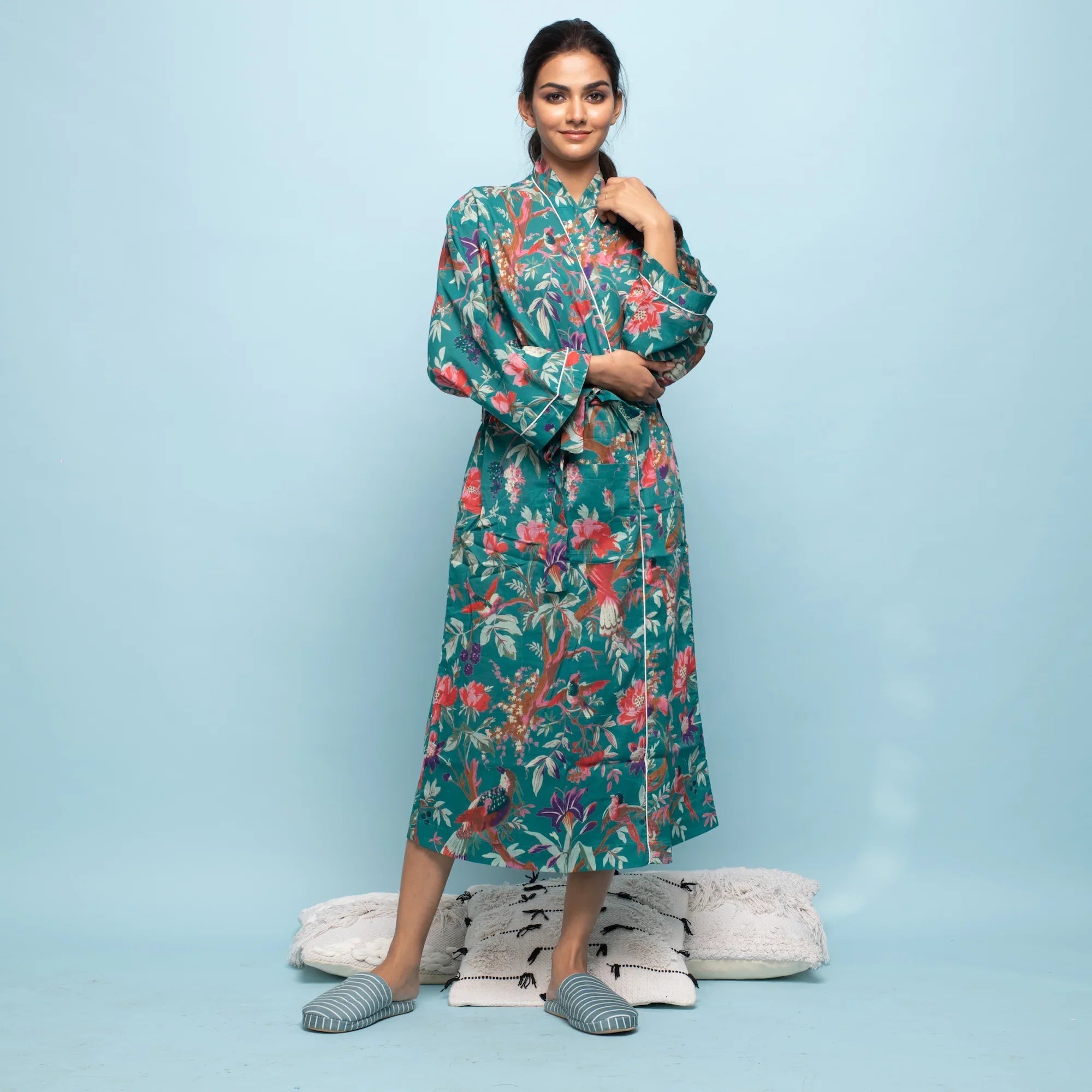Green Cotton Hand printed kimono robe - SanskrutiHomes 