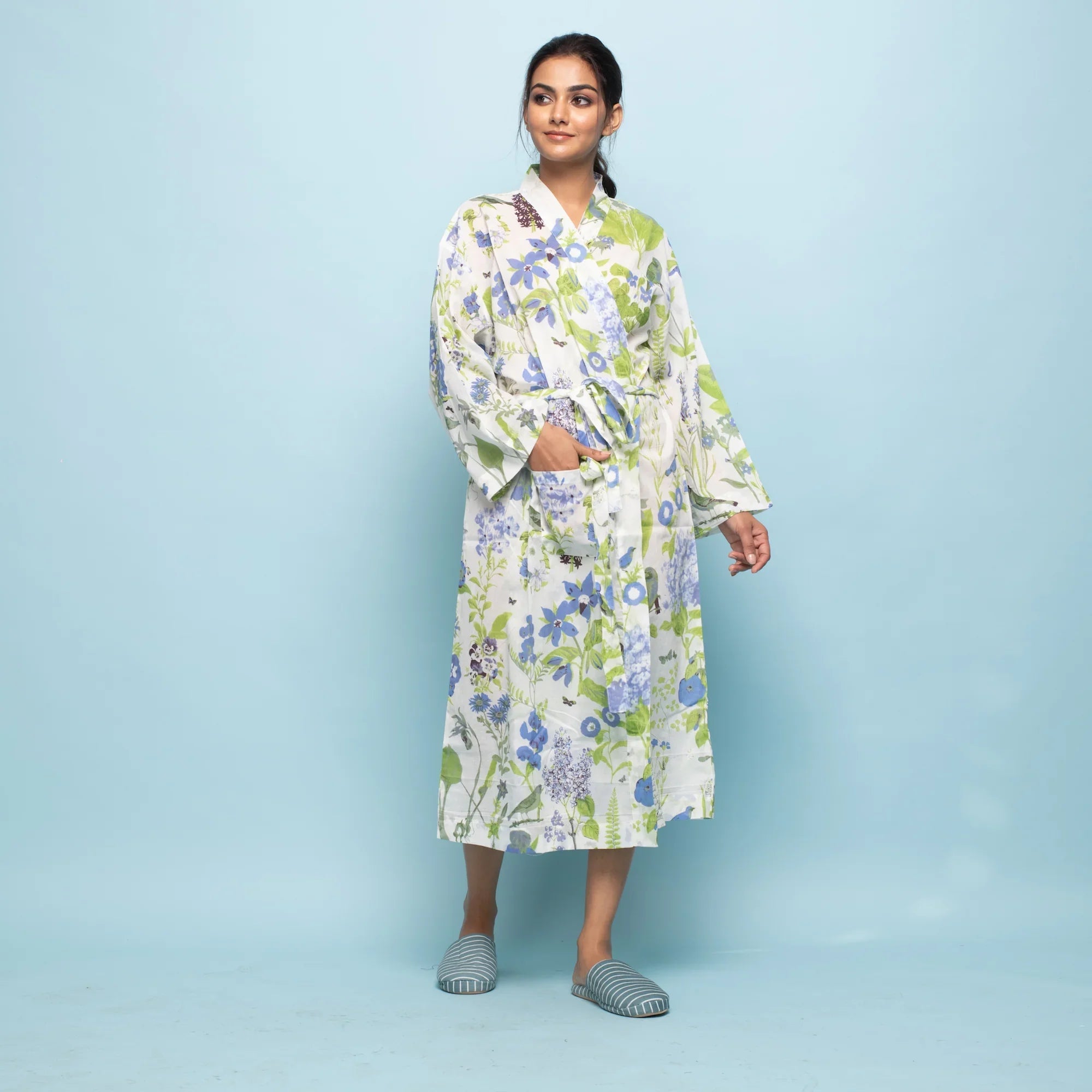 BLUE GREEN Multi-color Cotton Hand printed kimono robe - SanskrutiHomes 