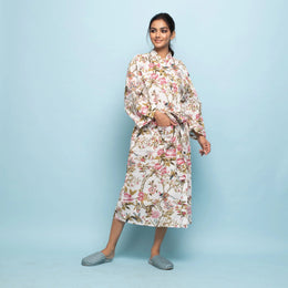 PINK FLORAL Cotton Hand printed kimono robe - SanskrutiHomes 