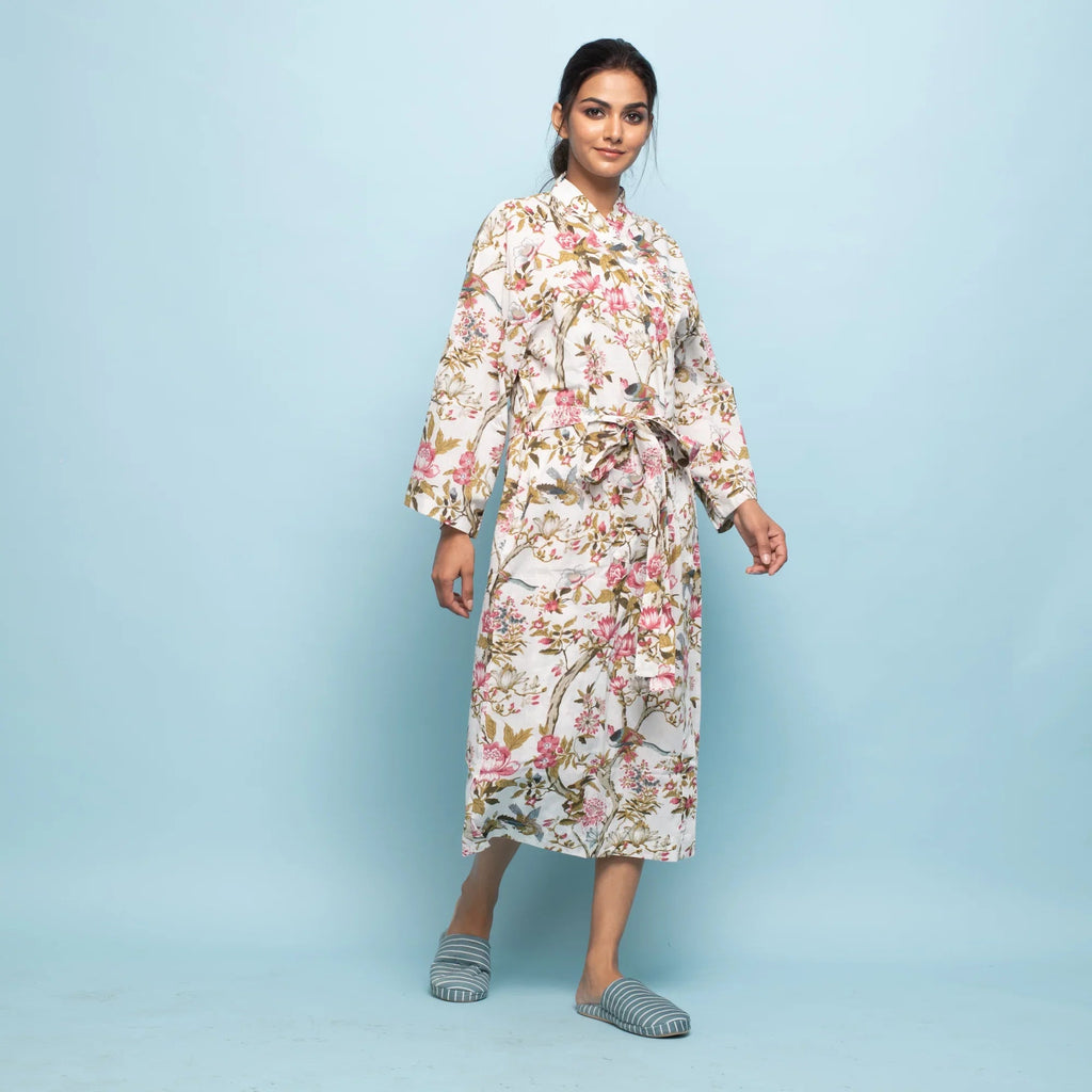 PINK FLORAL Cotton Hand printed kimono robe - SanskrutiHomes 
