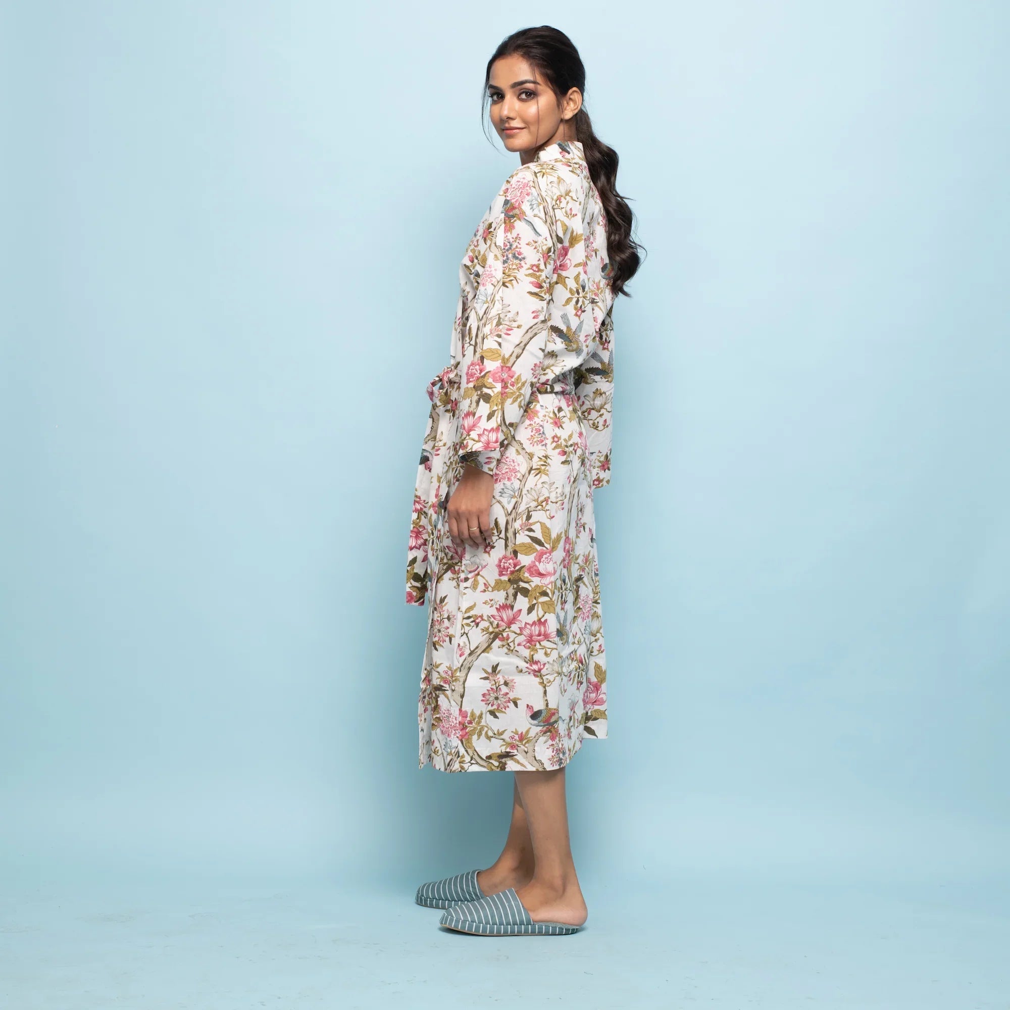 PINK FLORAL Cotton Hand printed kimono robe - SanskrutiHomes 