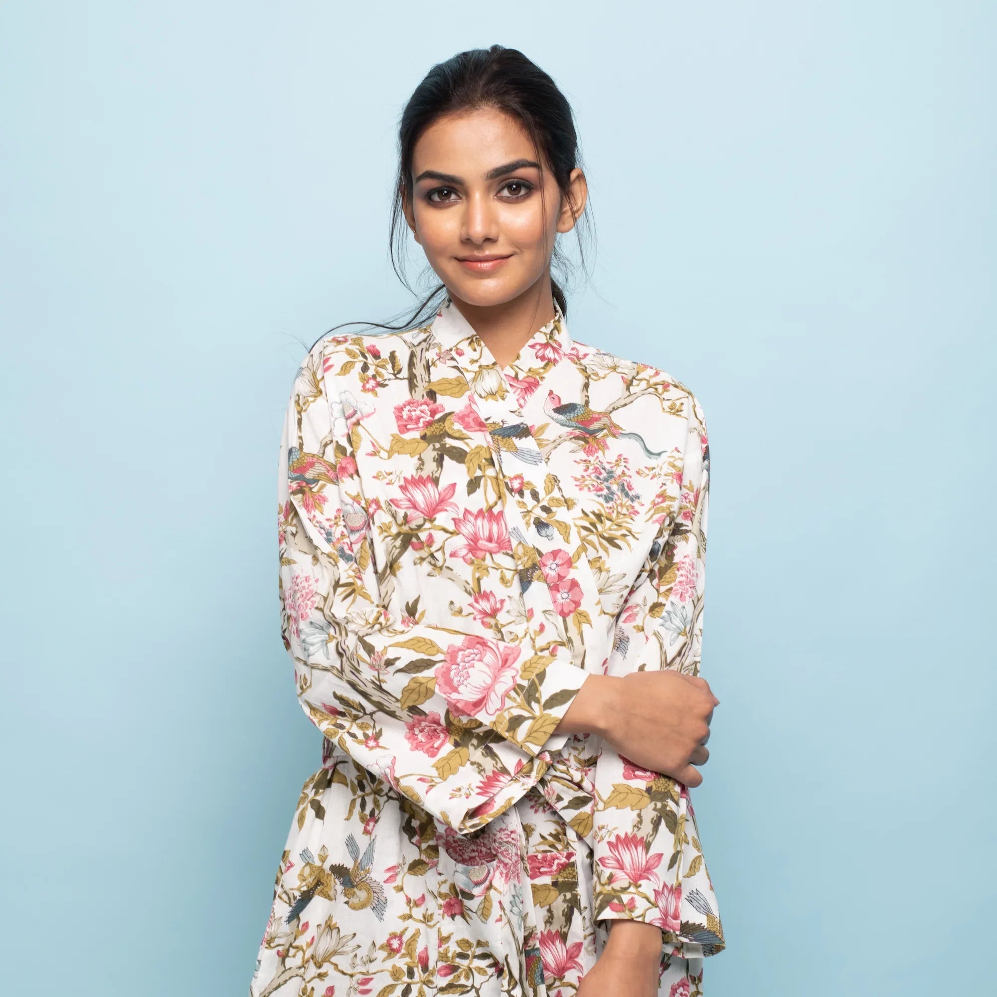 PINK FLORAL Cotton Hand printed kimono robe - SanskrutiHomes 