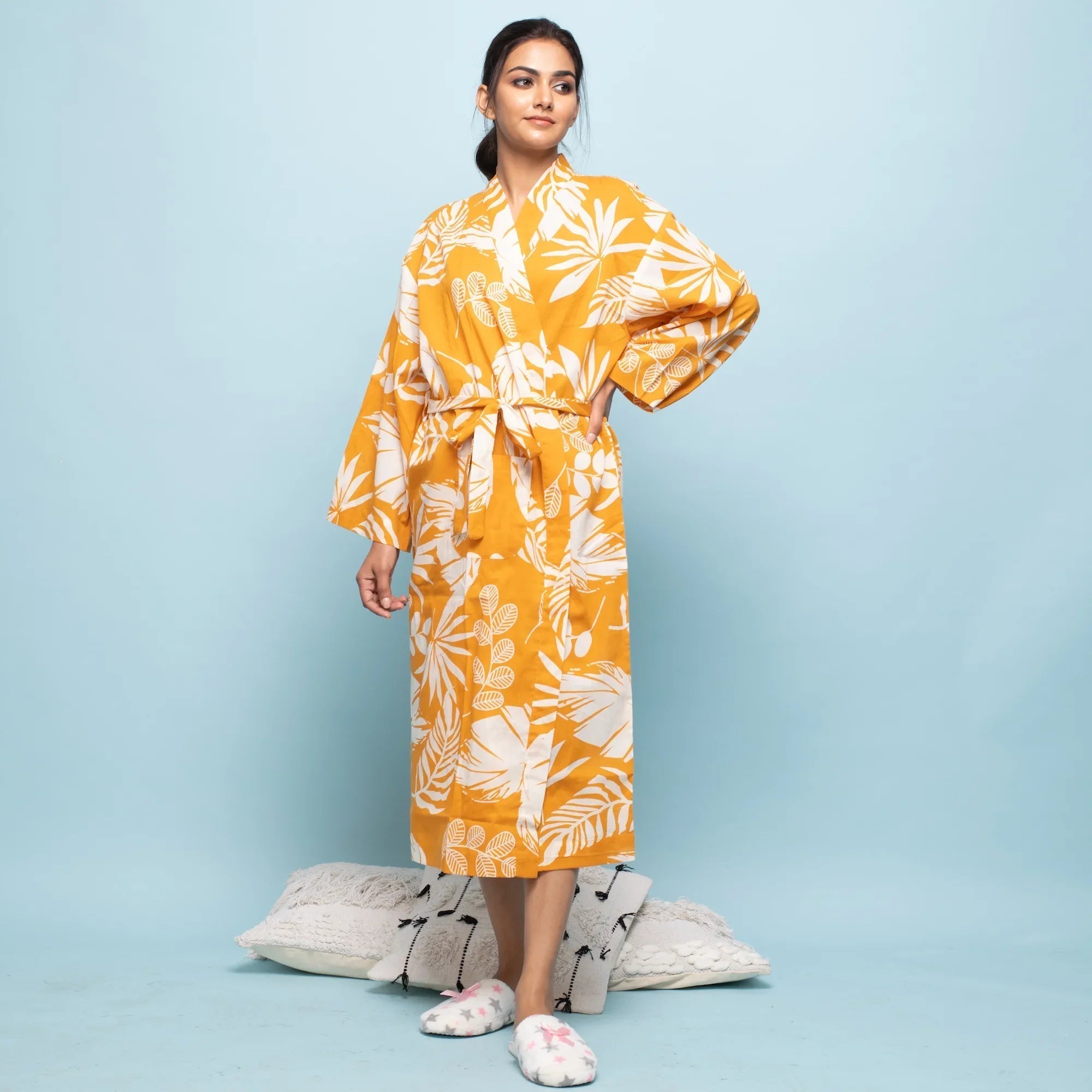 Yellow Cotton Hand Printed Kimono Robe