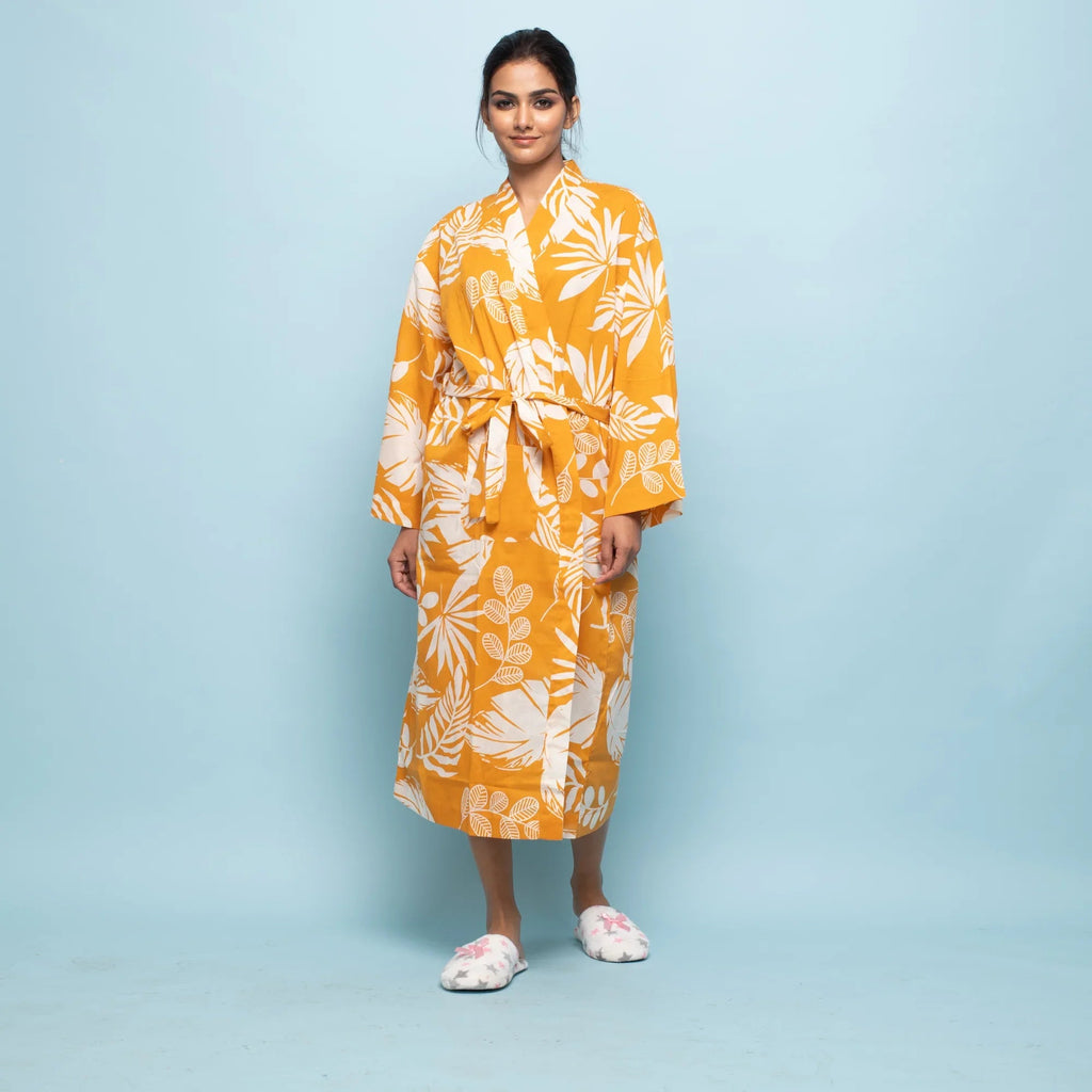 Yellow Cotton Hand printed kimono robe - SanskrutiHomes 