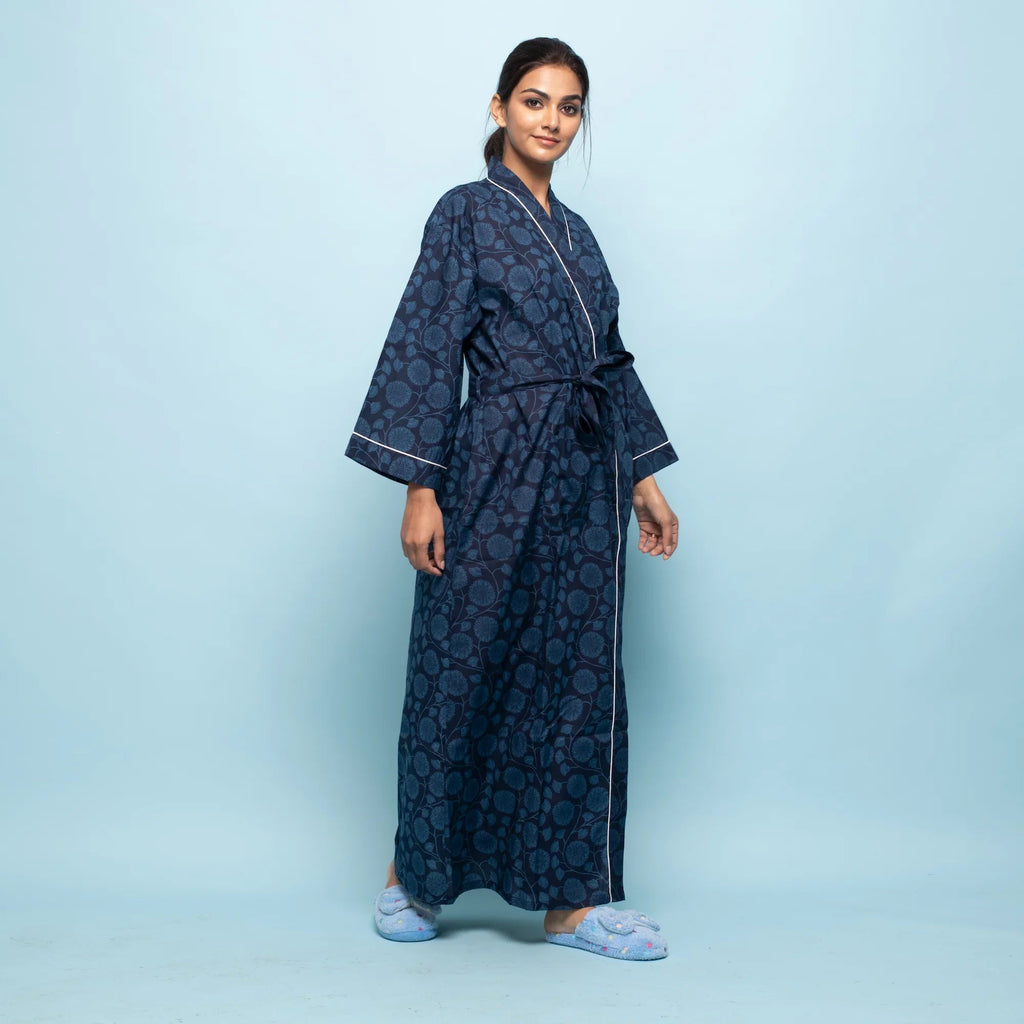 Indigo Cotton kimono robe - SanskrutiHomes 