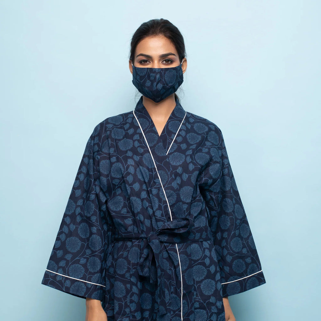 Indigo Cotton kimono robe - SanskrutiHomes 