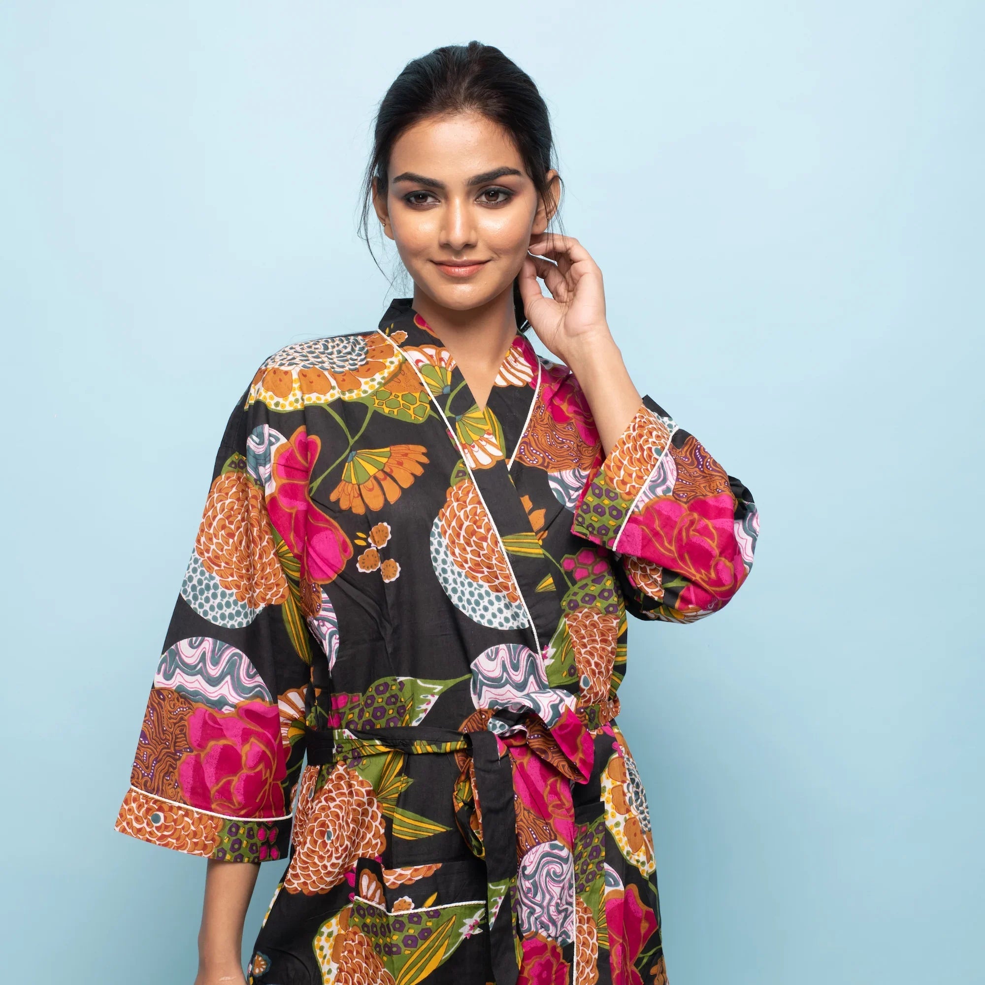 Multi-color Cotton Hand printed kimono robe - SanskrutiHomes 