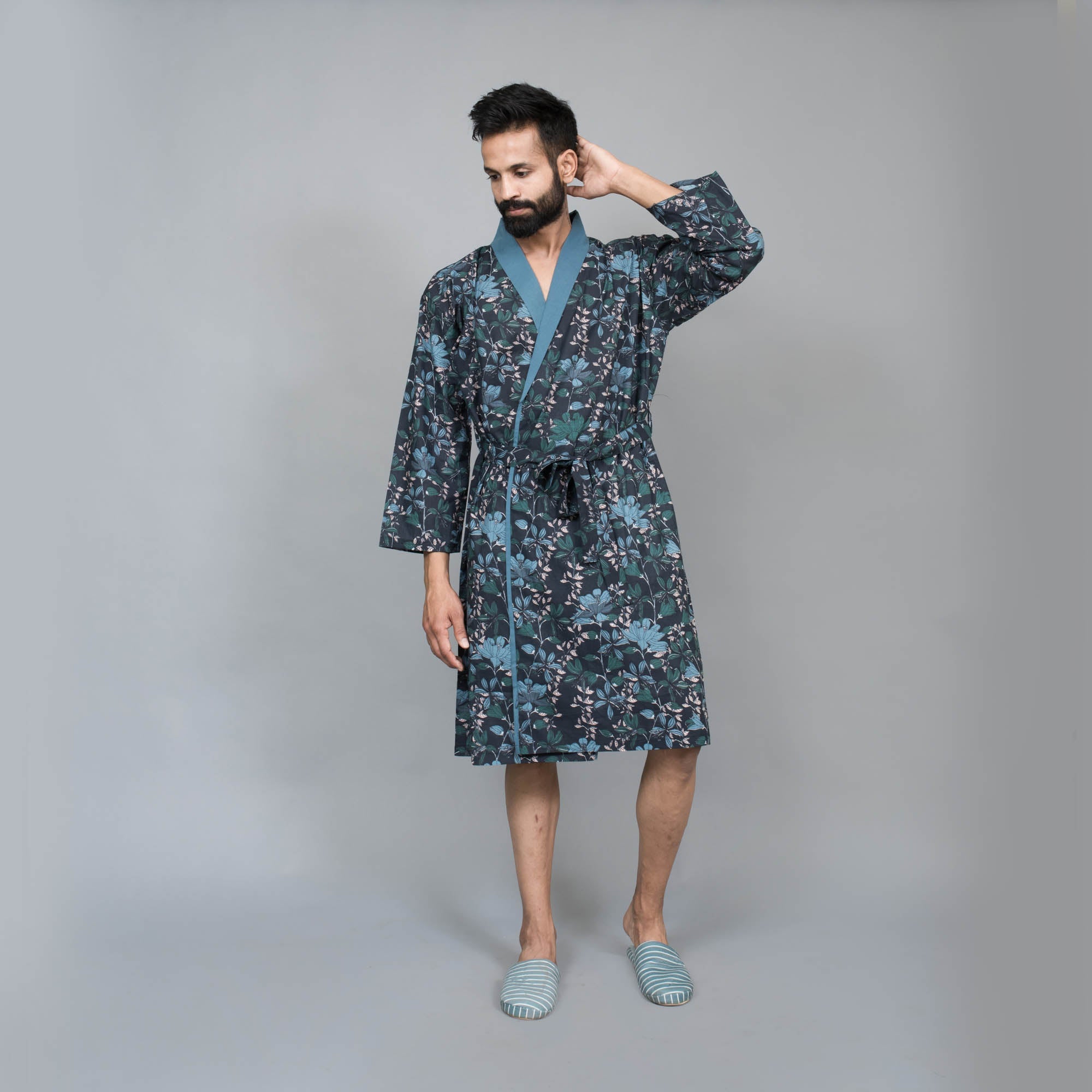 Navy Men Pure Cotton Kimono Robe