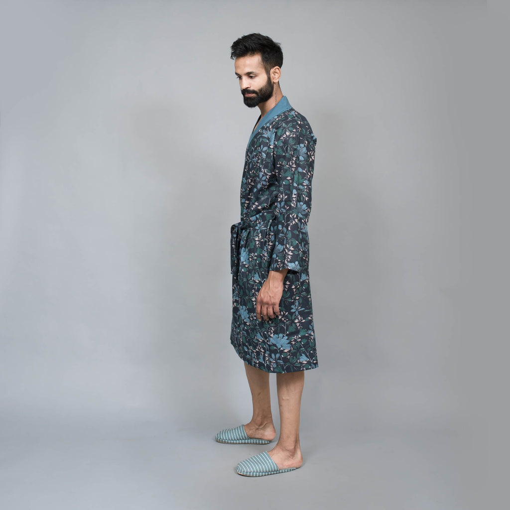 Navy Men Pure Cotton Kimono Robe
