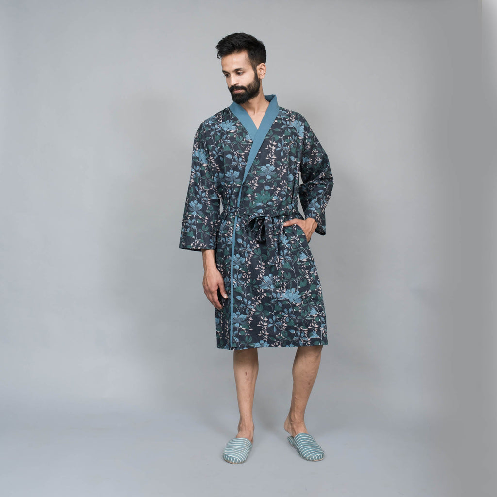 Navy Men Pure Cotton Kimono Robe