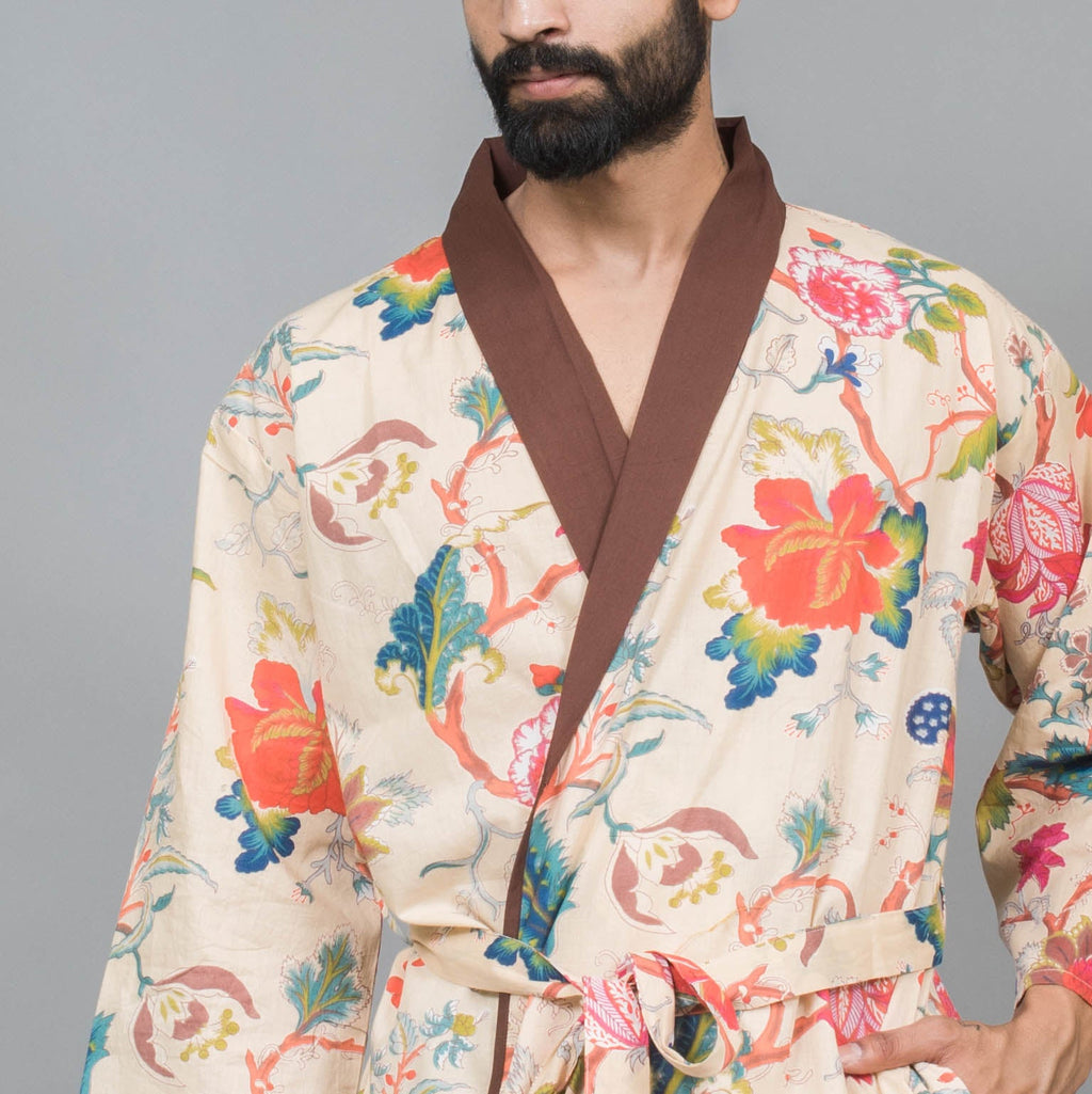 Men Multi-Color Pure Cotton Kimono Robe