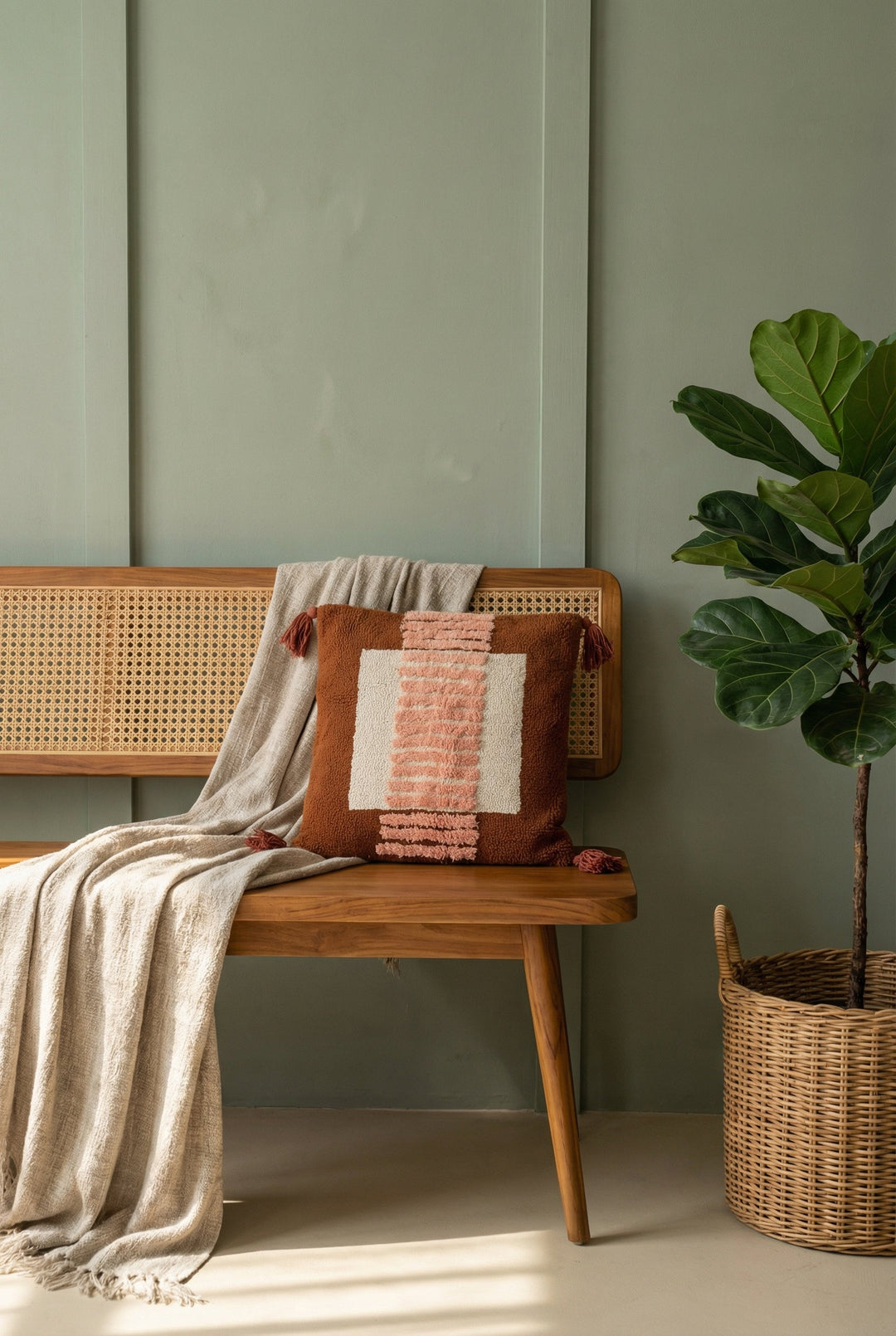 Brown Embroidered Cotton Textured Tufted Cushion Cover with Tassels