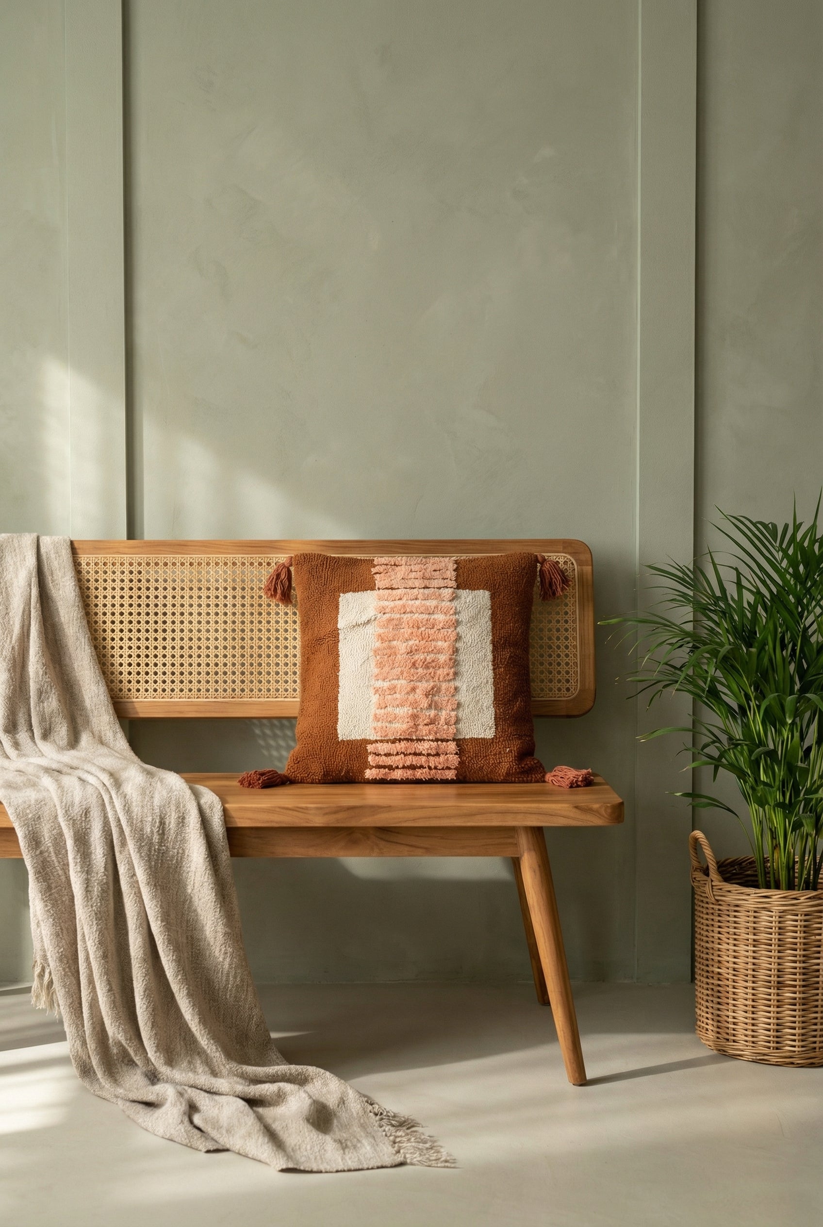 Brown Embroidered Cotton Textured Tufted Cushion Cover with Tassels