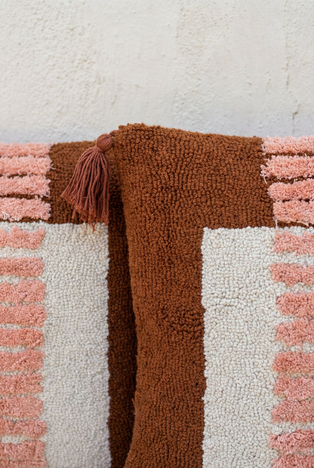 Brown Embroidered Cotton Textured Tufted Cushion Cover with Tassels