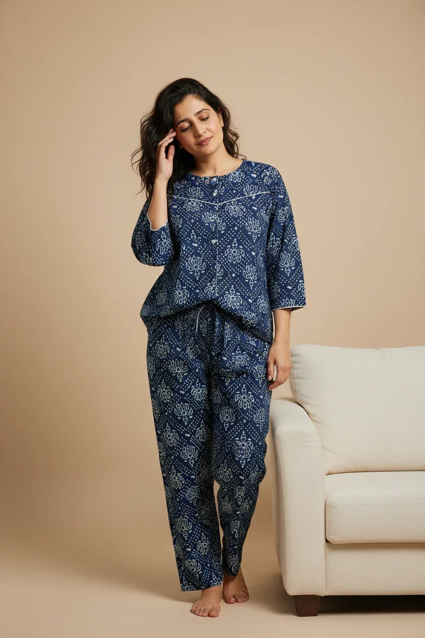 Indigo Blue Cotton Printed Night Suit Set for Women - SanskrutiHomes 