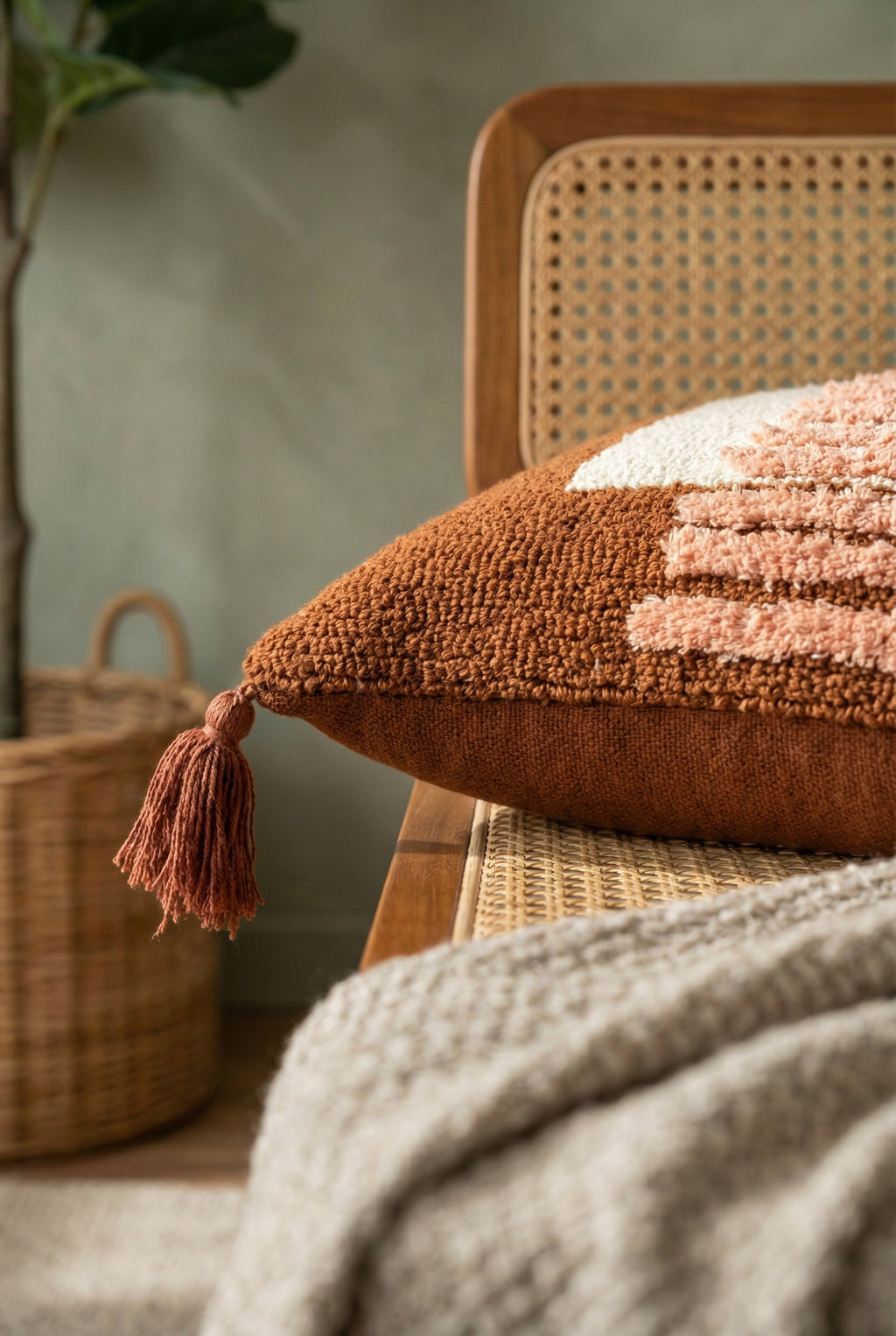 Brown Embroidered Cotton Textured Tufted Cushion Cover with Tassels