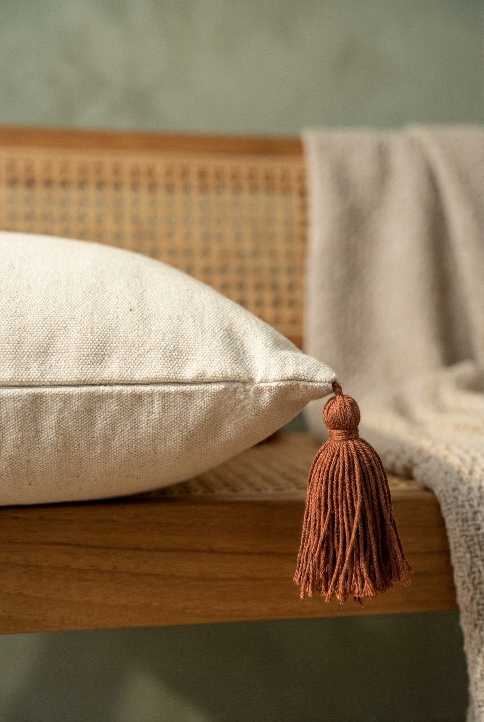 Brown Embroidered Cotton Textured Tufted Cushion Cover with Tassels
