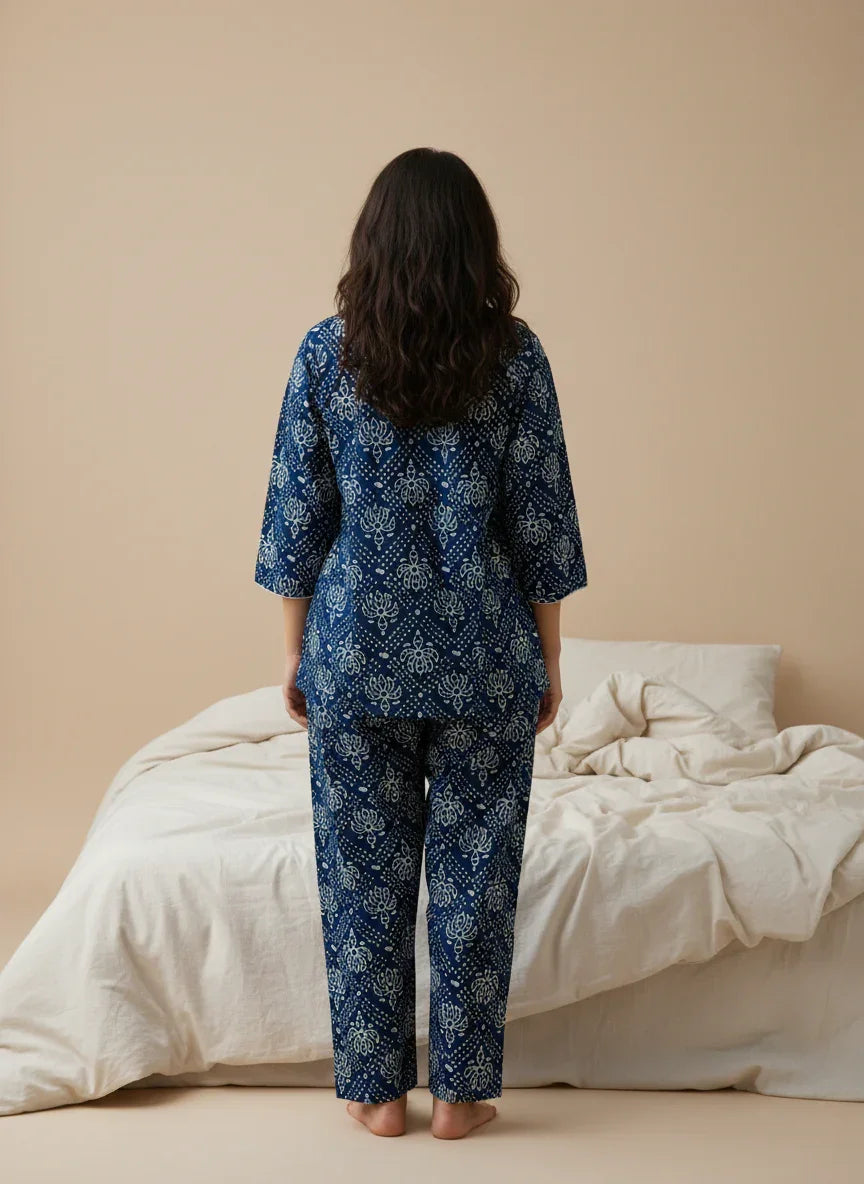 Indigo Blue Cotton Printed Night Suit Set for Women - SanskrutiHomes 