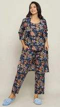 Blue Cotton Printed three Peace Night Suit Set with Pyjama - SanskrutiHomes 