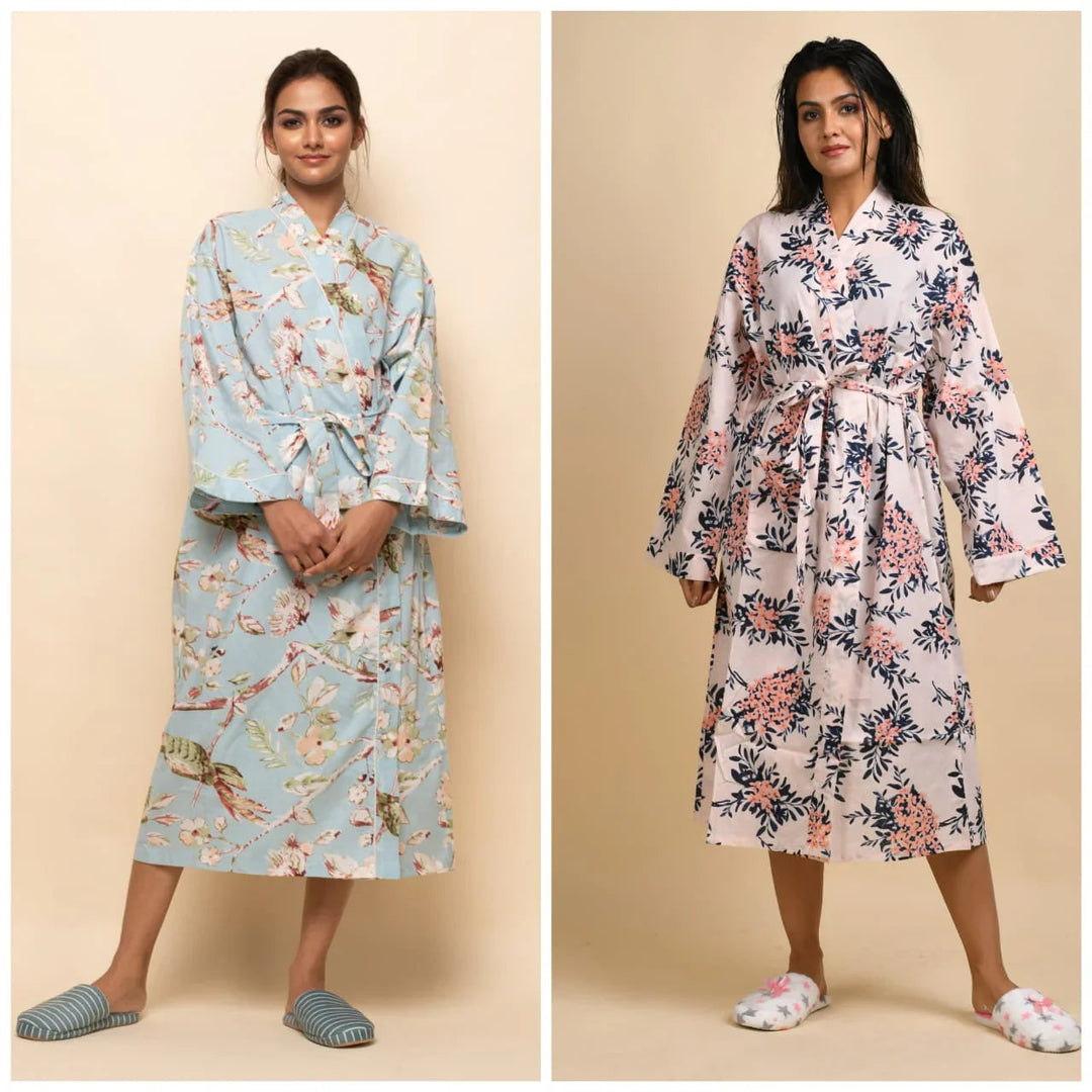 Set of 2 Cotton Hand printed kimono robe - SanskrutiHomes 