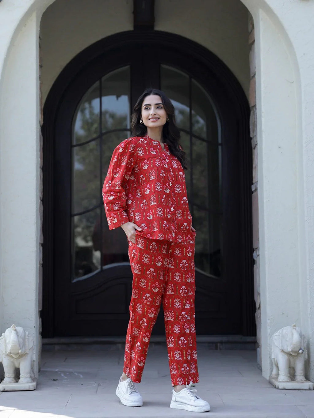 Carmine red Cotton Night Suit Set - SanskrutiHomes 