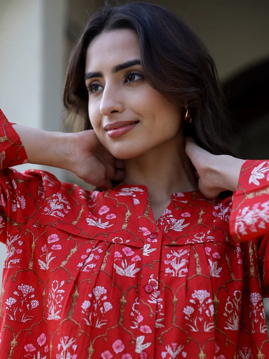 Carmine red Cotton Night Suit Set - SanskrutiHomes 