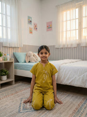 Yellow Bird Print Round Neck Cotton Night Suit For Kids