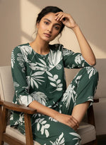 Green Round Neck Cotton Printed Night Suit Set for Women - SanskrutiHomes 