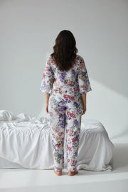 White Floral Printed Round Neck Pure Cotton Night Suit Set - SanskrutiHomes 
