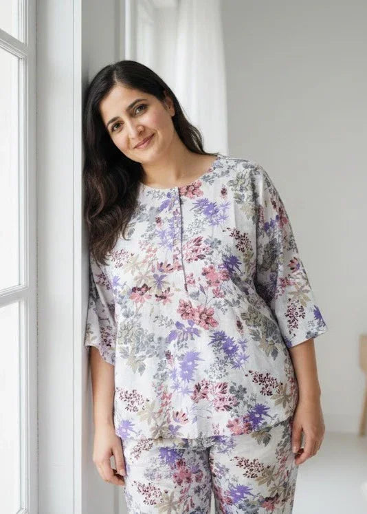 White Floral Printed Round Neck Pure Cotton Night Suit Set - SanskrutiHomes 