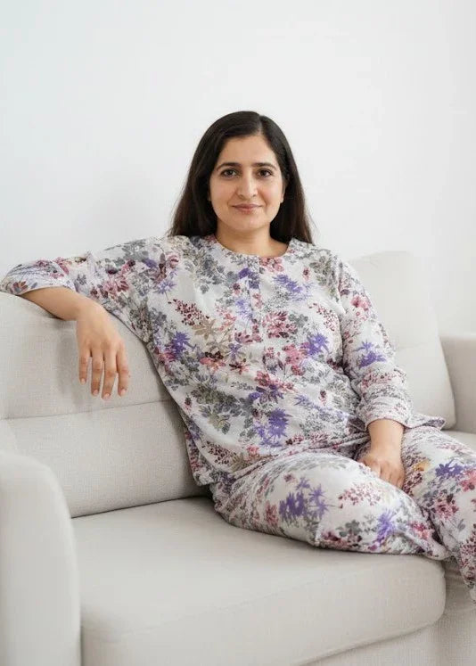 White Floral Printed Round Neck Pure Cotton Night Suit Set - SanskrutiHomes 