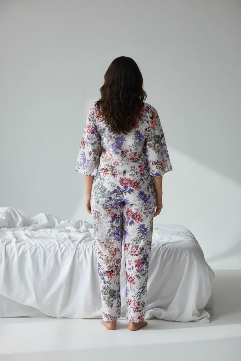 White Floral Printed Round Neck Pure Cotton Night Suit Set - SanskrutiHomes 