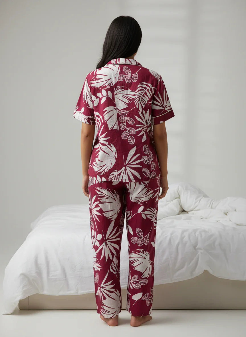 Wine Cotton Printed Night Suit Set for Women - SanskrutiHomes 