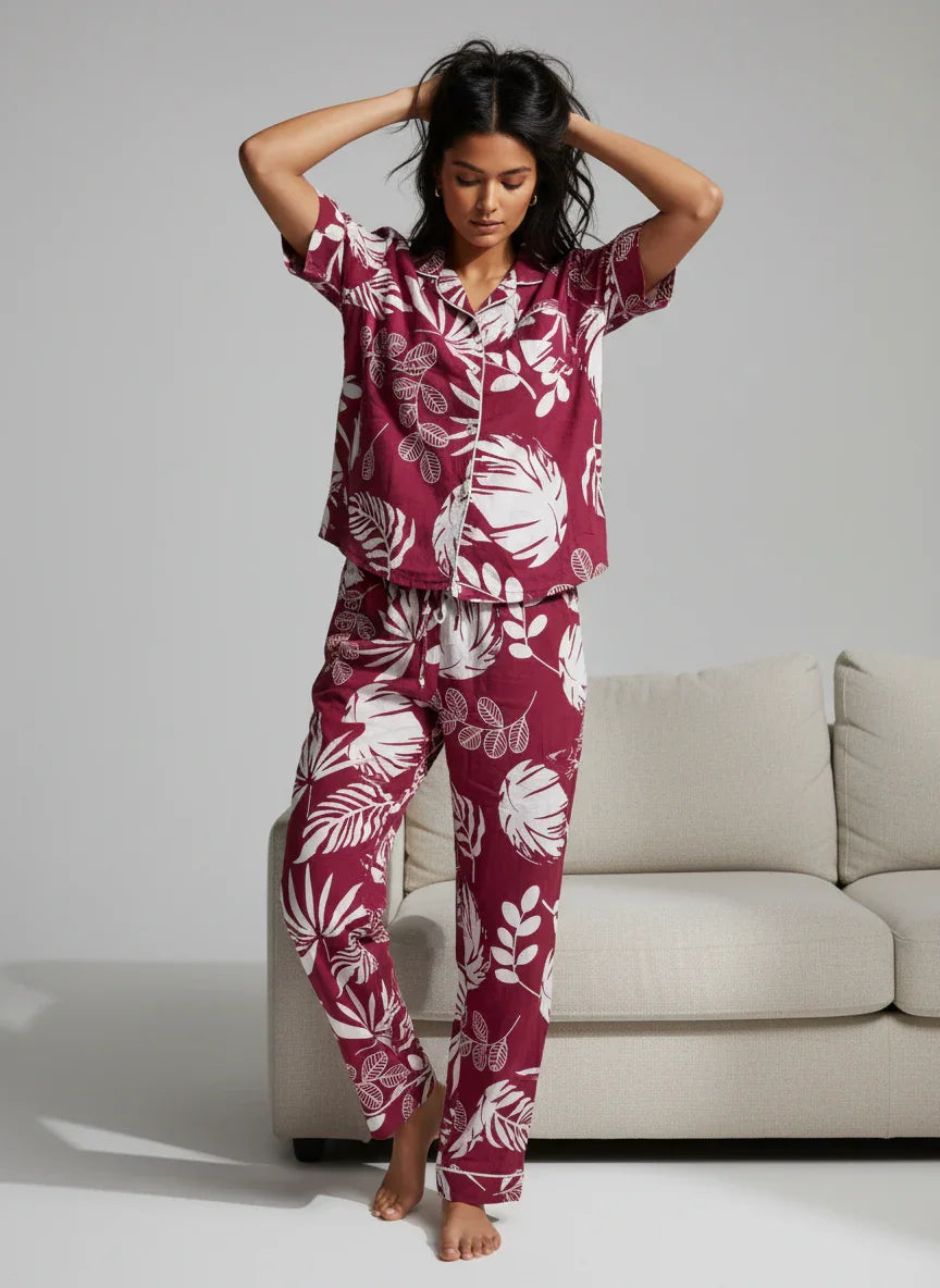 Wine Cotton Printed Night Suit Set for Women - SanskrutiHomes 