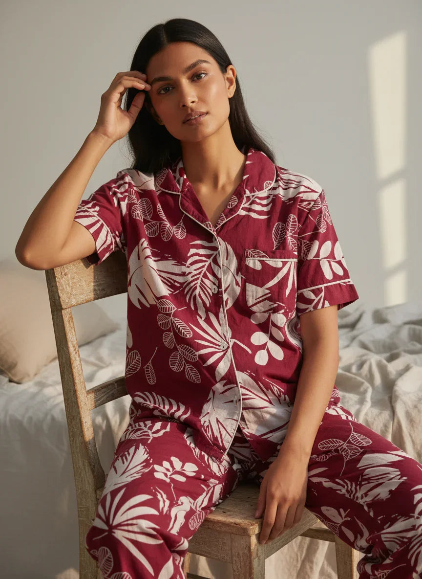 Wine Cotton Printed Night Suit Set for Women - SanskrutiHomes 