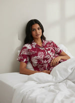 Wine Cotton Printed Night Suit Set for Women - SanskrutiHomes 