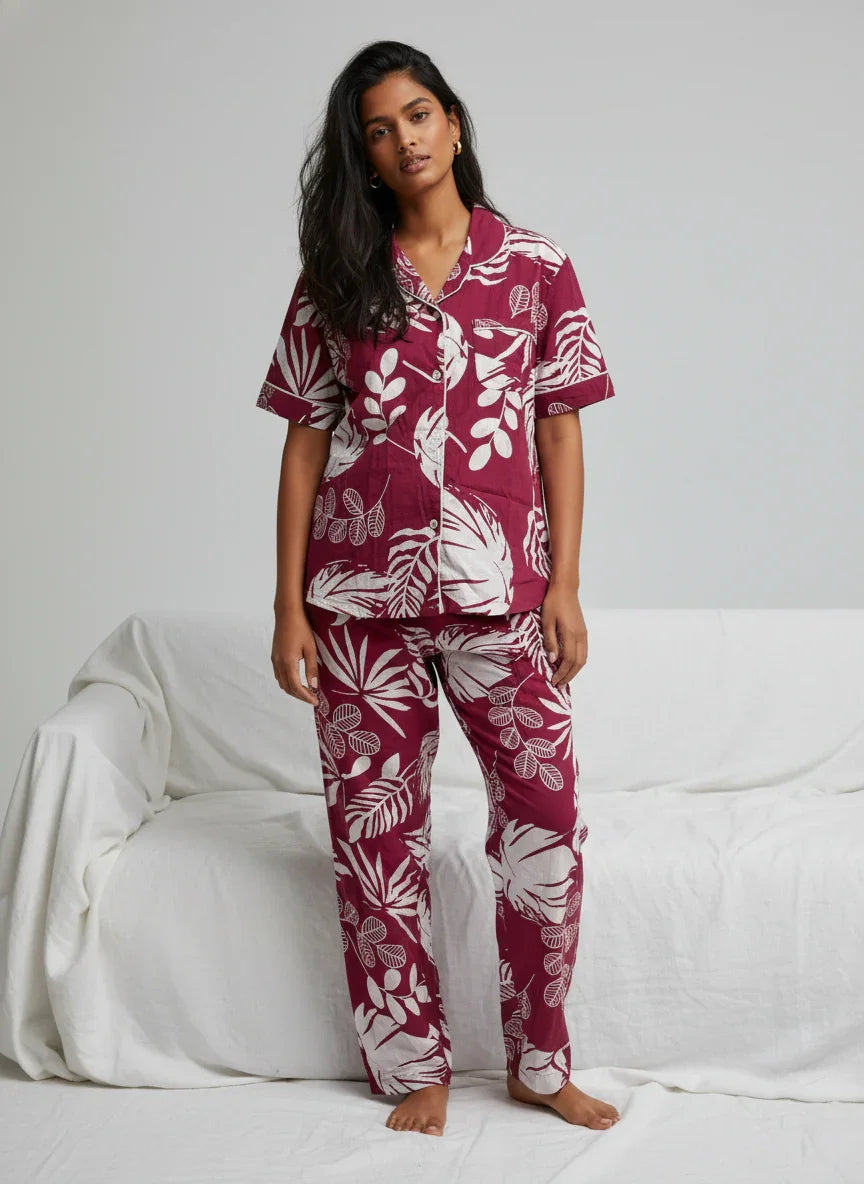 Wine Cotton Printed Night Suit Set for Women - SanskrutiHomes 