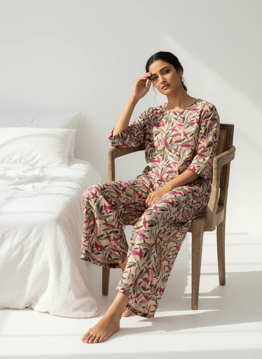 Multicolor Leaf Printed Round Neck Cotton Night Suit Set - SanskrutiHomes 